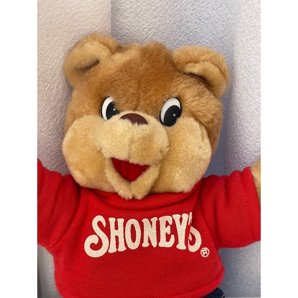 Shoneys Bear Plush Stuffed Animal Red Shirt Denim Overalls Vintage Toy 1986 - Picture 2 of 8